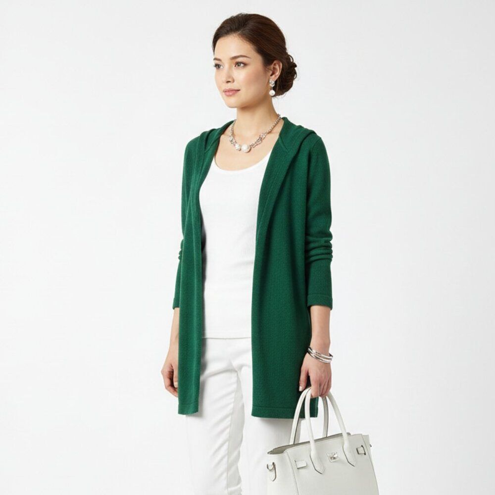 100% Cashmere Green Long Sleeve Open Front Hoody Cardigan Sweater Luca Bruno L